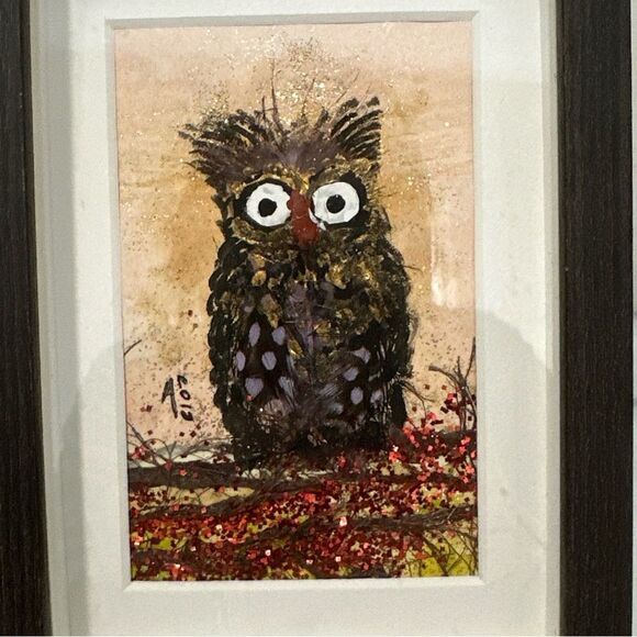 Framed Owl Art Painting signed - Black and Brown - Picture 3 of 13